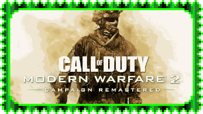 Stamp with green metallic border that displays the cover of the game Call of Duty: Modern warfare 2 (2009) by Activision developed by Infinity Ward