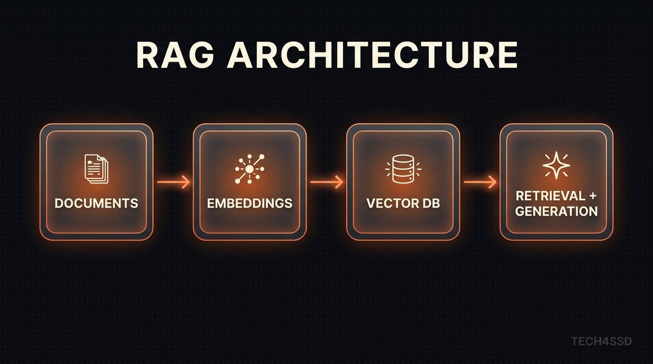 RAG architecture diagram: documents to embeddings to vector DB to retrieval and generation