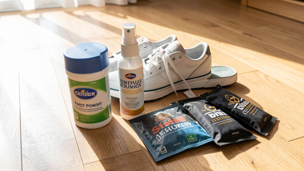 foot powder, antiperspirant spray and shoe deodorizer products arranged beside sneakers