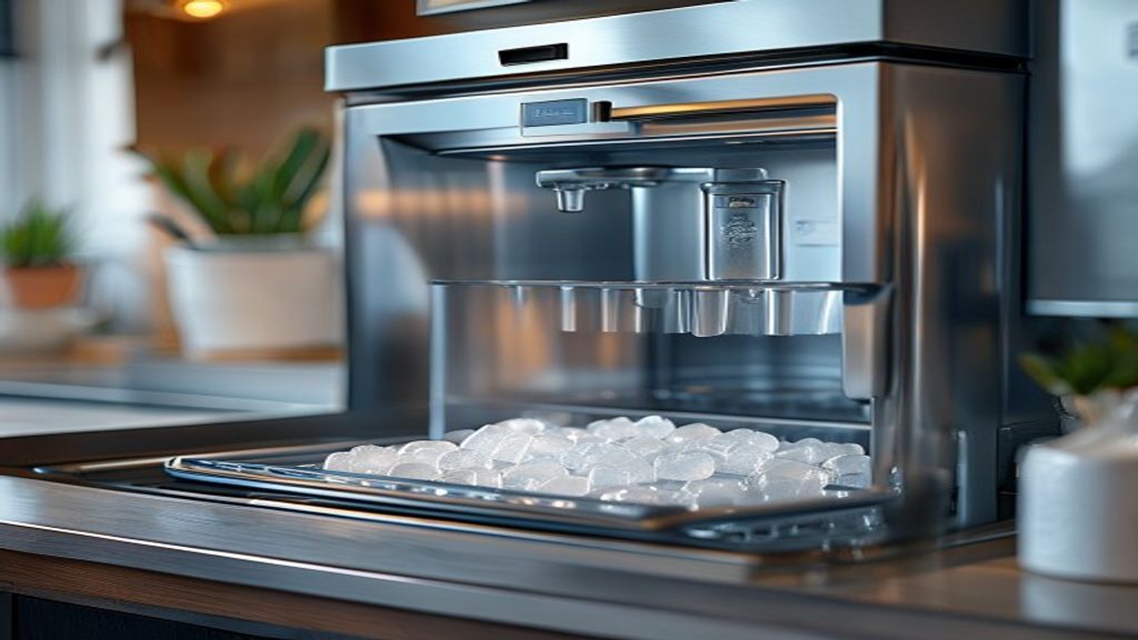 Homeowner checking ice cubes inside an open undercounter ice maker bin