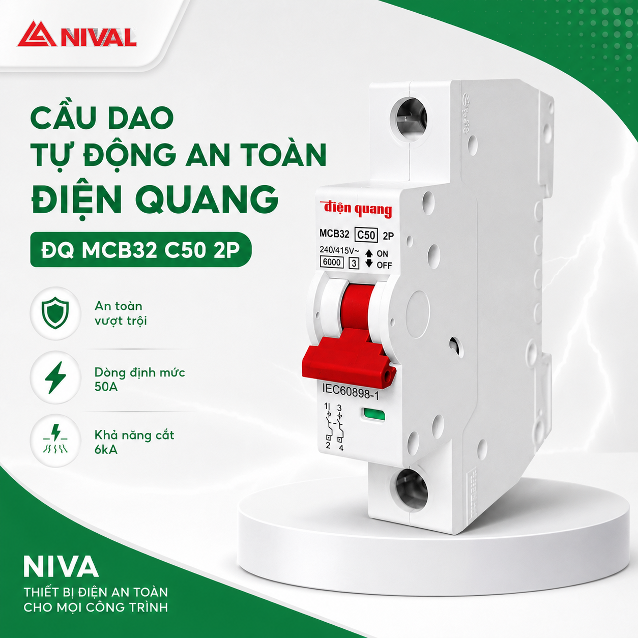 Cầu dao tự động an toàn Điện Quang ĐQ MCB32 C50 2P (MCB, 2 cực, 50A, loại C, 6KA, class 3)