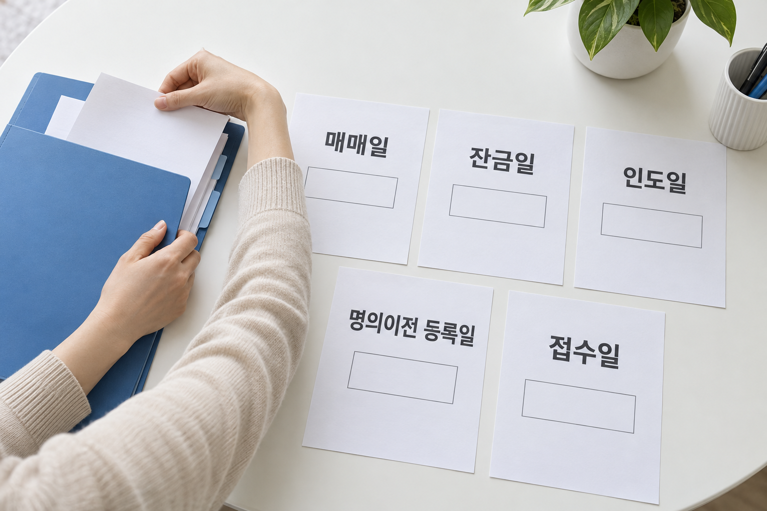 매매일과 잔금일, 인도일, 명의이전 등록일, 접수일을 따로 정리하는 장면