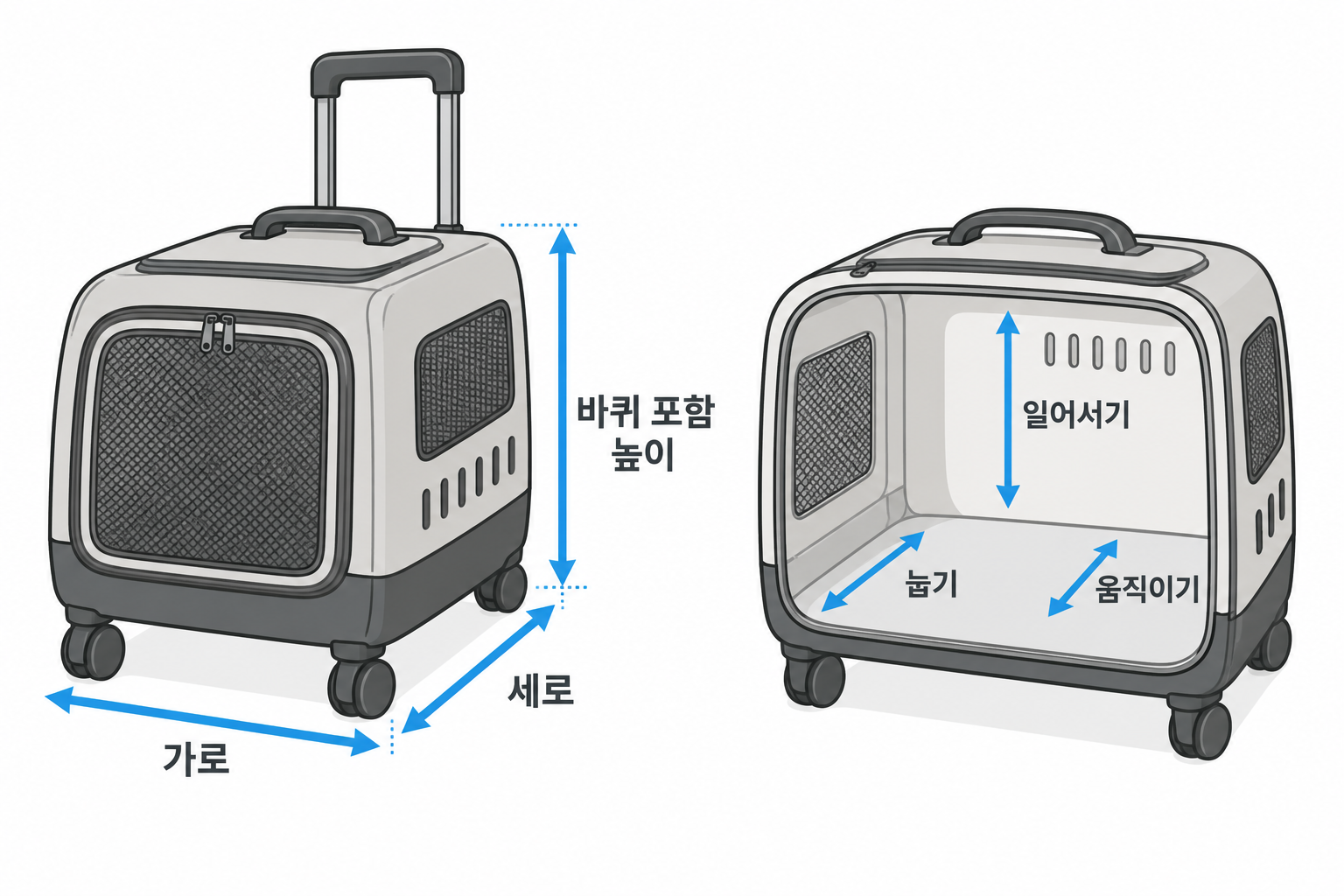 이동장의 가로·세로·높이 방향과 내부 공간을 확인하는 설명 도식