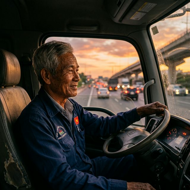 Chân dung tài xế già đầy kinh nghiệm đang nhìn ra con đường cao tốc dưới ánh hoàng hôn
