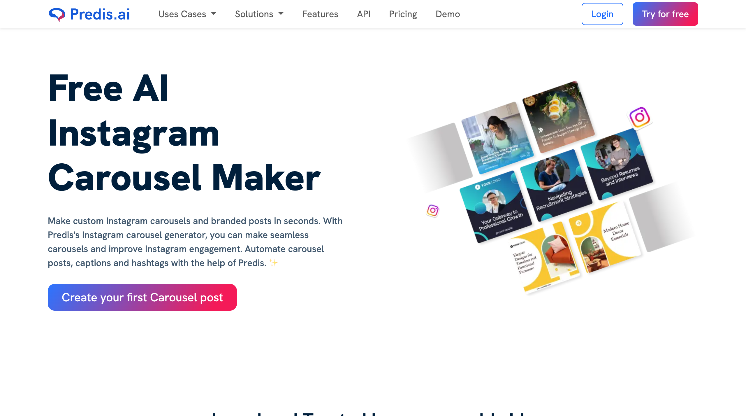 Predis.ai Free AI Instagram Carousel Maker landing page with a Create your first Carousel post button and sample branded carousel designs