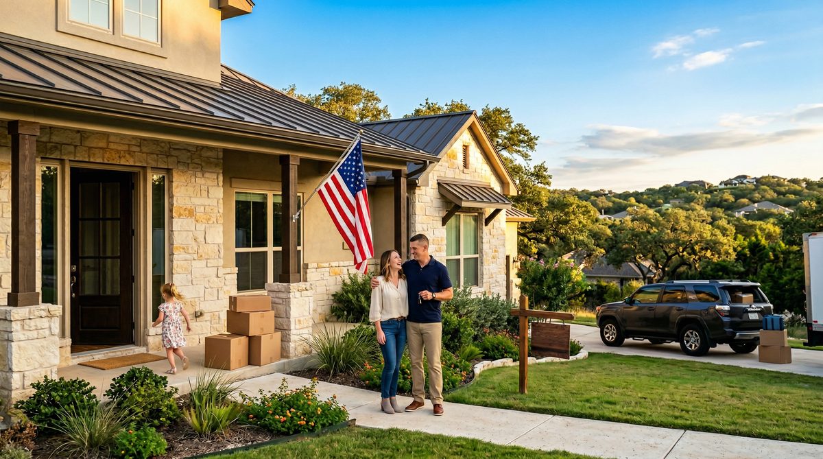 Military family PCS relocation to Joint Base San Antonio JBSA with San Antonio skyline and Texas flag