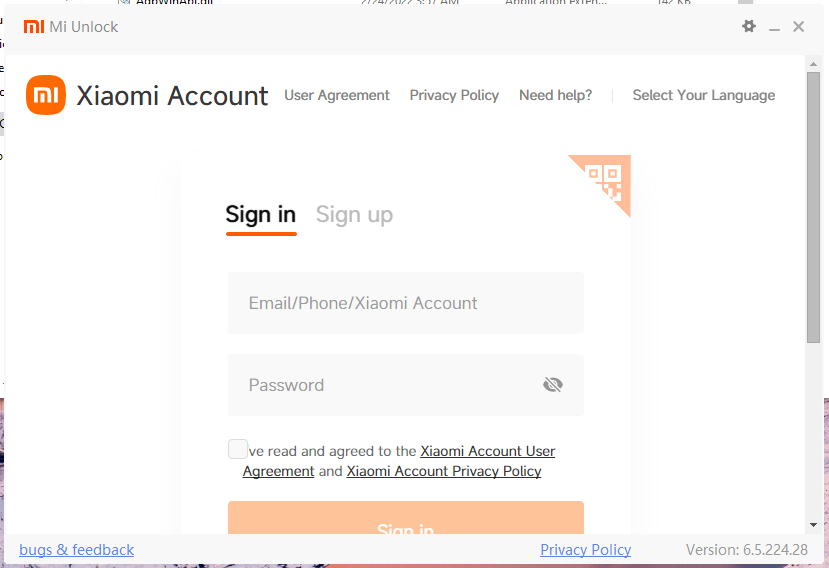 Log-in screen