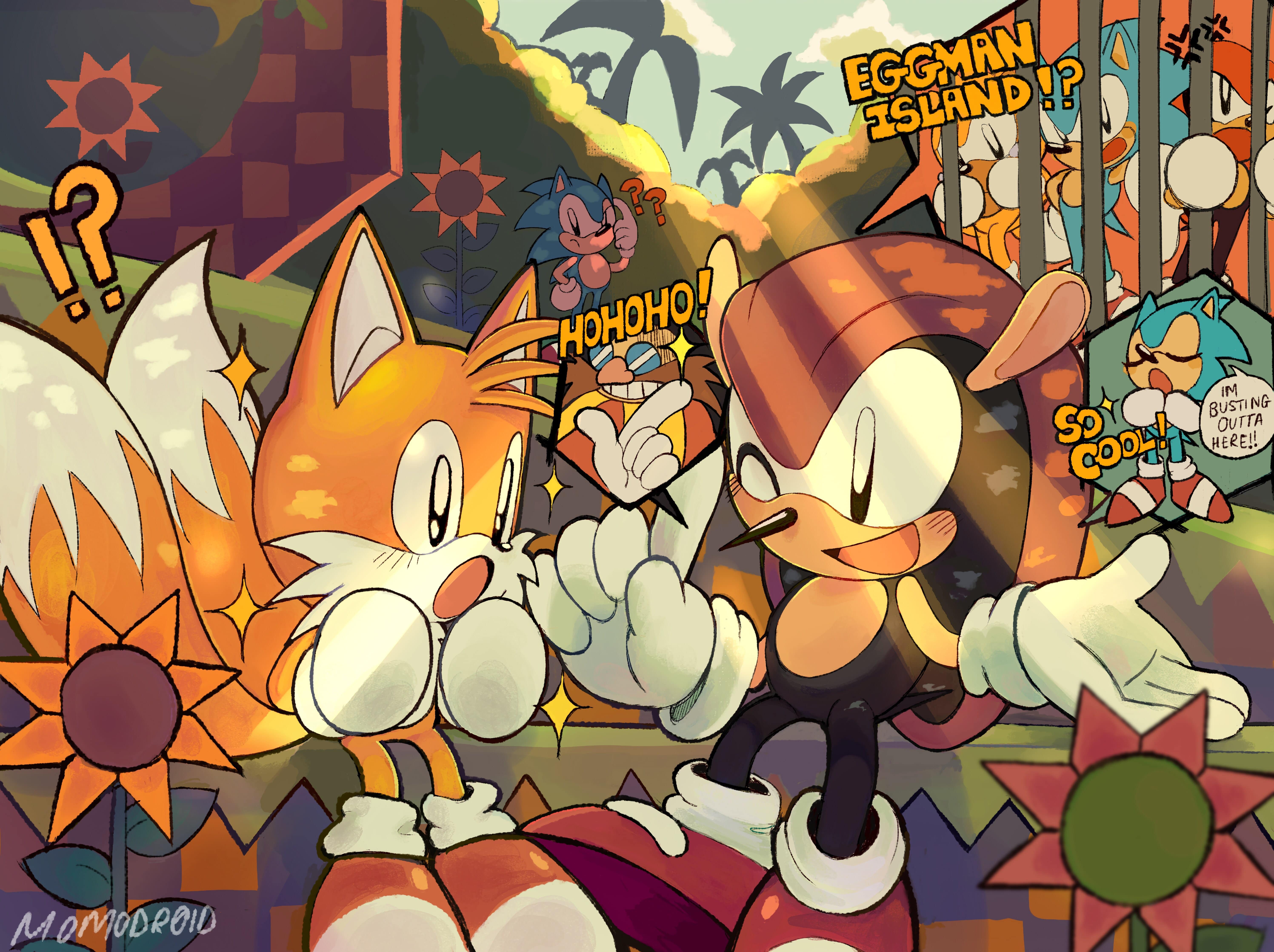 Memories of Eggman Island, Tails listens in awe as Mighty explains how he met Sonic and Ray with a wink on his face. Sonic is in the background confused as to what they're talking about