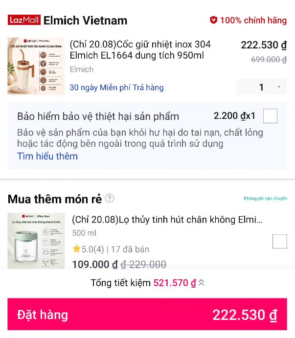 (Chỉ 20.08)Cốc giữ nhiệt inox 304 Elmich EL1664 dung tích 950ml
