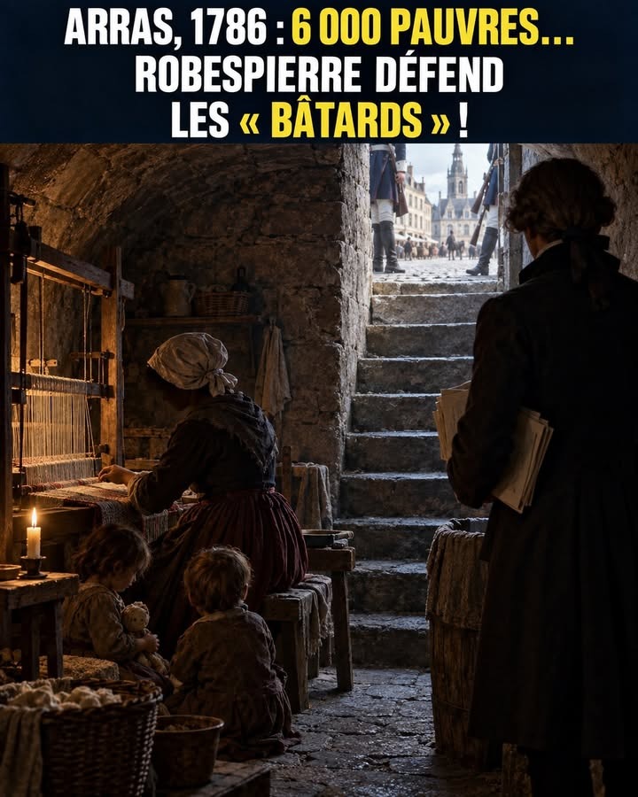 Une femme tisse sur un métier à tisser dans une pièce sombre, avec deux enfants, tandis qu'un homme en tenue historique observe depuis l'escalier.