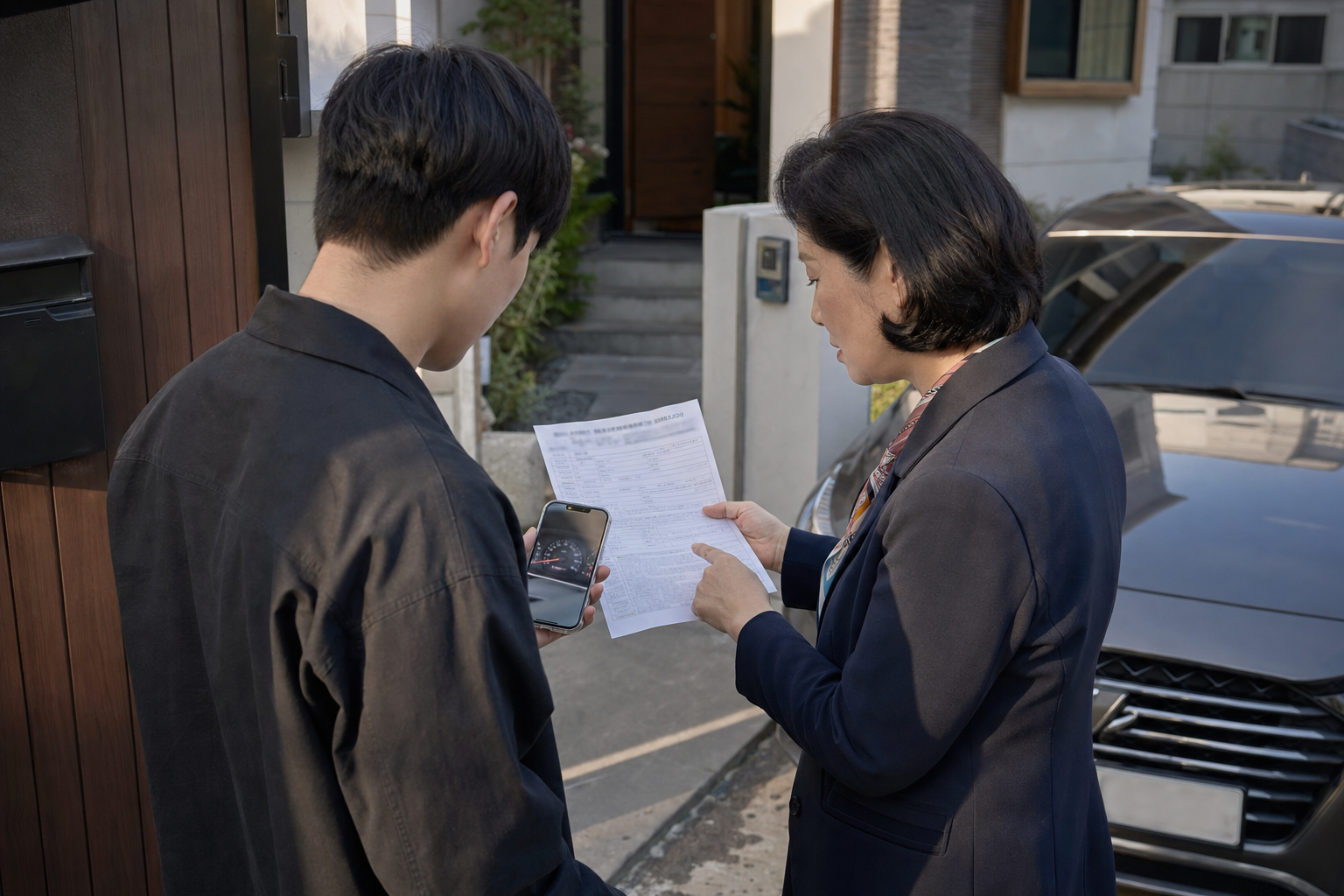 보험증권과 최초 계기판 사진 등록 기록을 함께 확인하는 장면