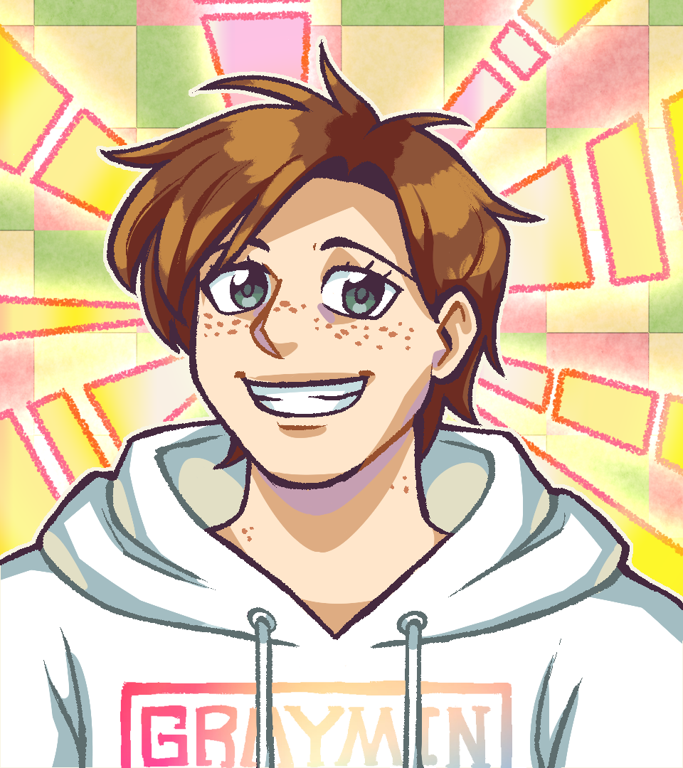 Self-Portrait of myself, a light-skinned person with freckles and short brown hair. I'm wearing a hoodie with the 'Graymin' watermark logo on it.