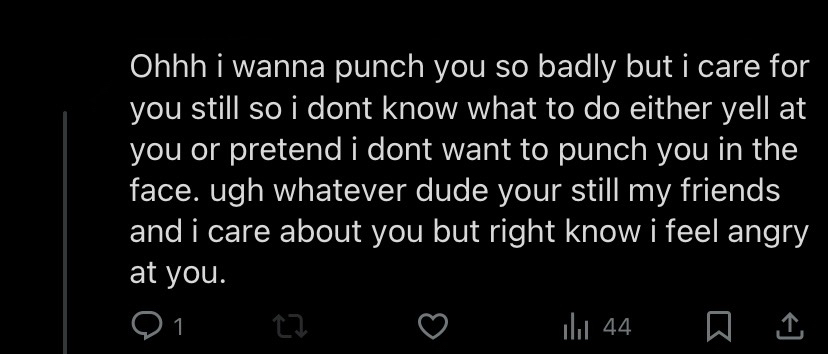 the vague tweet of mel saying that she wanted to punch friend for rightfully splitting on her