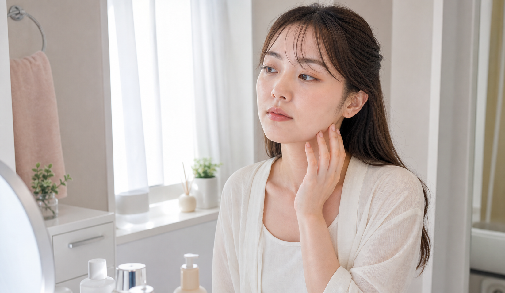 鏡の前でフェイスラインを確認する女性