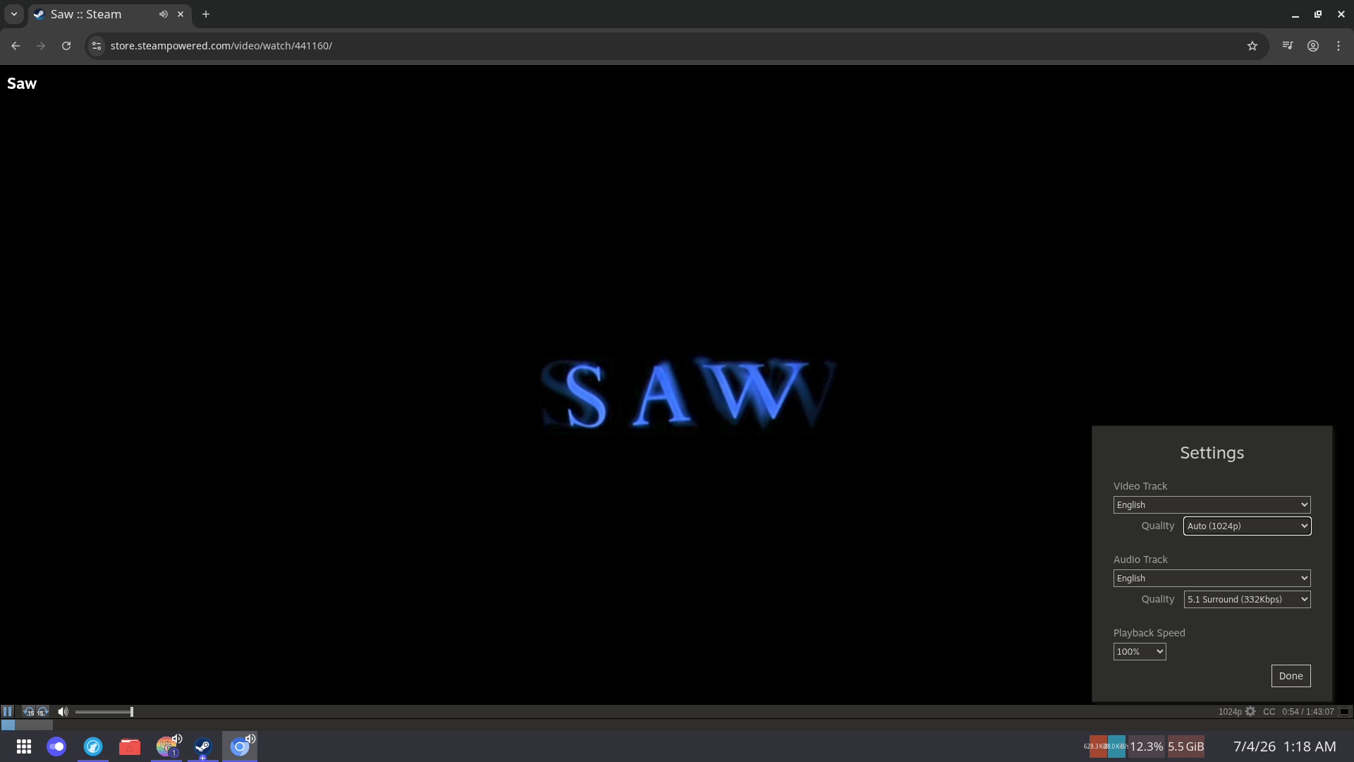 Screenshot of the movie Saw playing from the Steam store website.