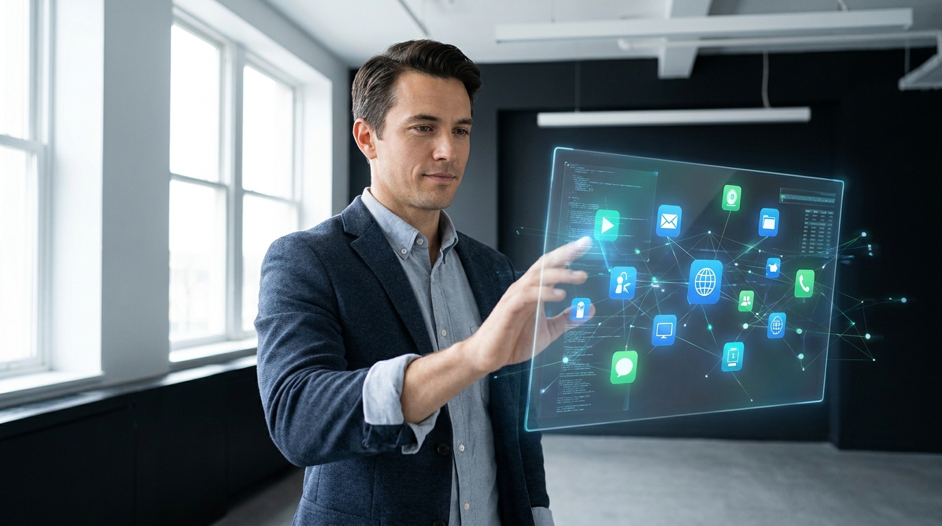 A modern office worker using an enterprise AI platform to access interconnected company knowledge, representing a unified AI layer.