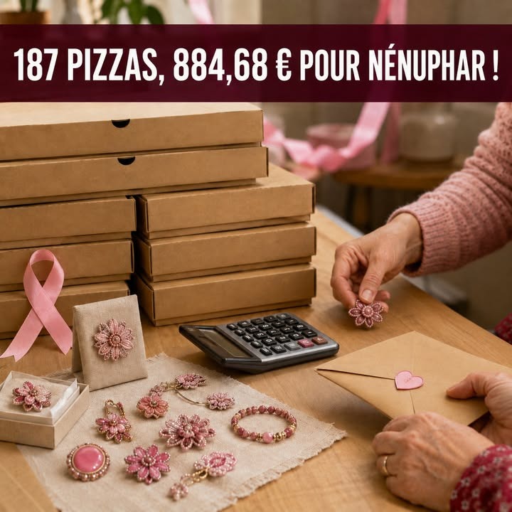 Des boîtes de pizza empilées, des bijoux en forme de fleurs roses, un calculateur et une enveloppe sur une table.