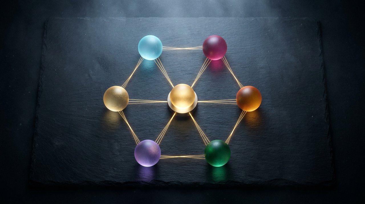 Six glowing translucent circular orbs in hexagonal pattern around central golden routing hub