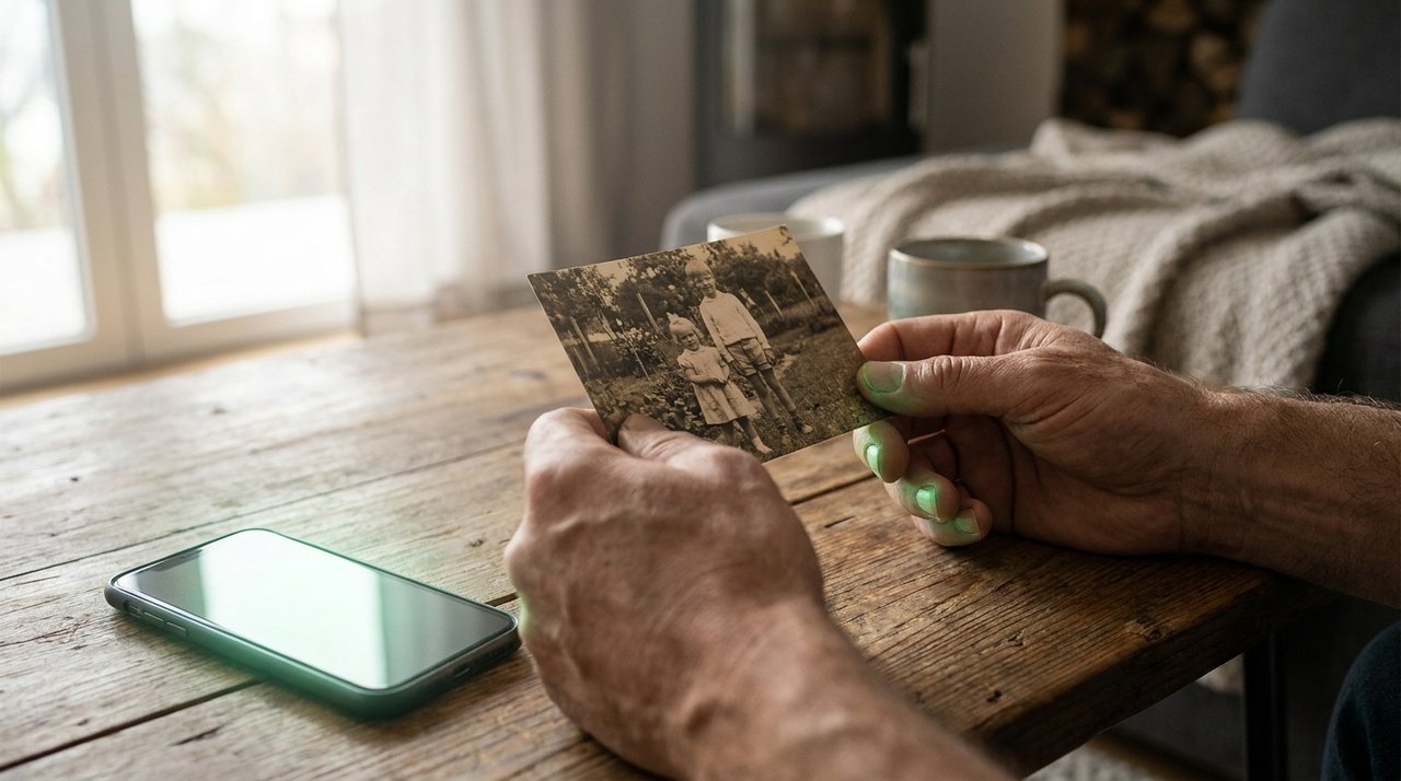 Hands holding an old childhood photo beside a phone