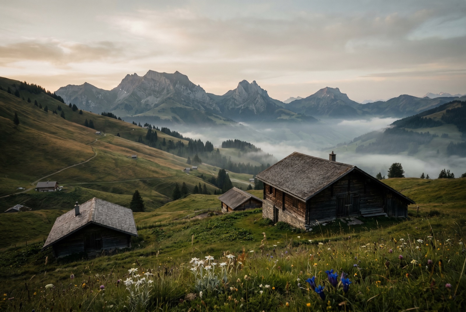Freiburger Voralpen im frühen Morgenlicht — Erbe der Schweizer Alpentradition