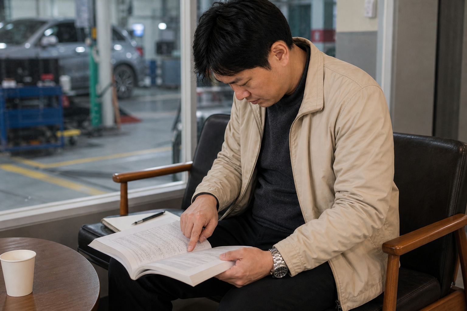 차량 사용설명서의 정기점검과 가혹조건 항목을 확인하는 운전자