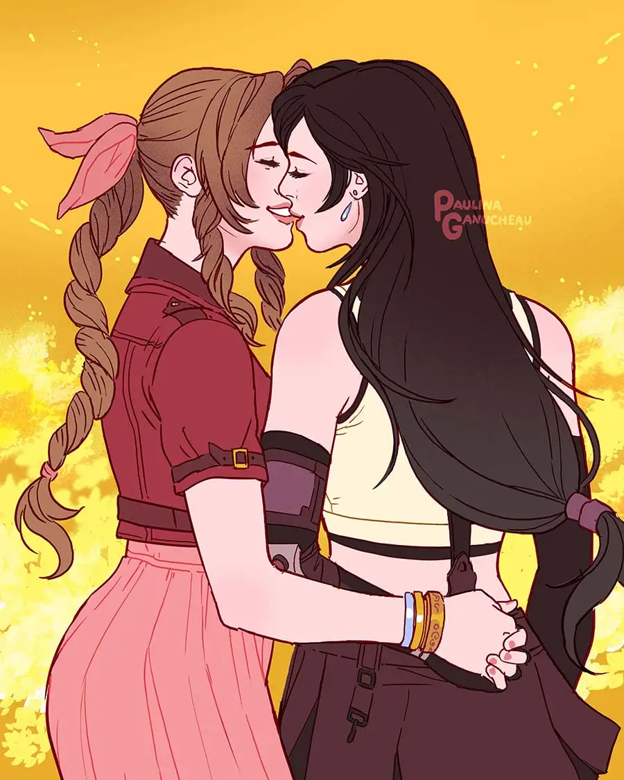 Art of Tifa and Aerith holding each other close and going in for a kiss.