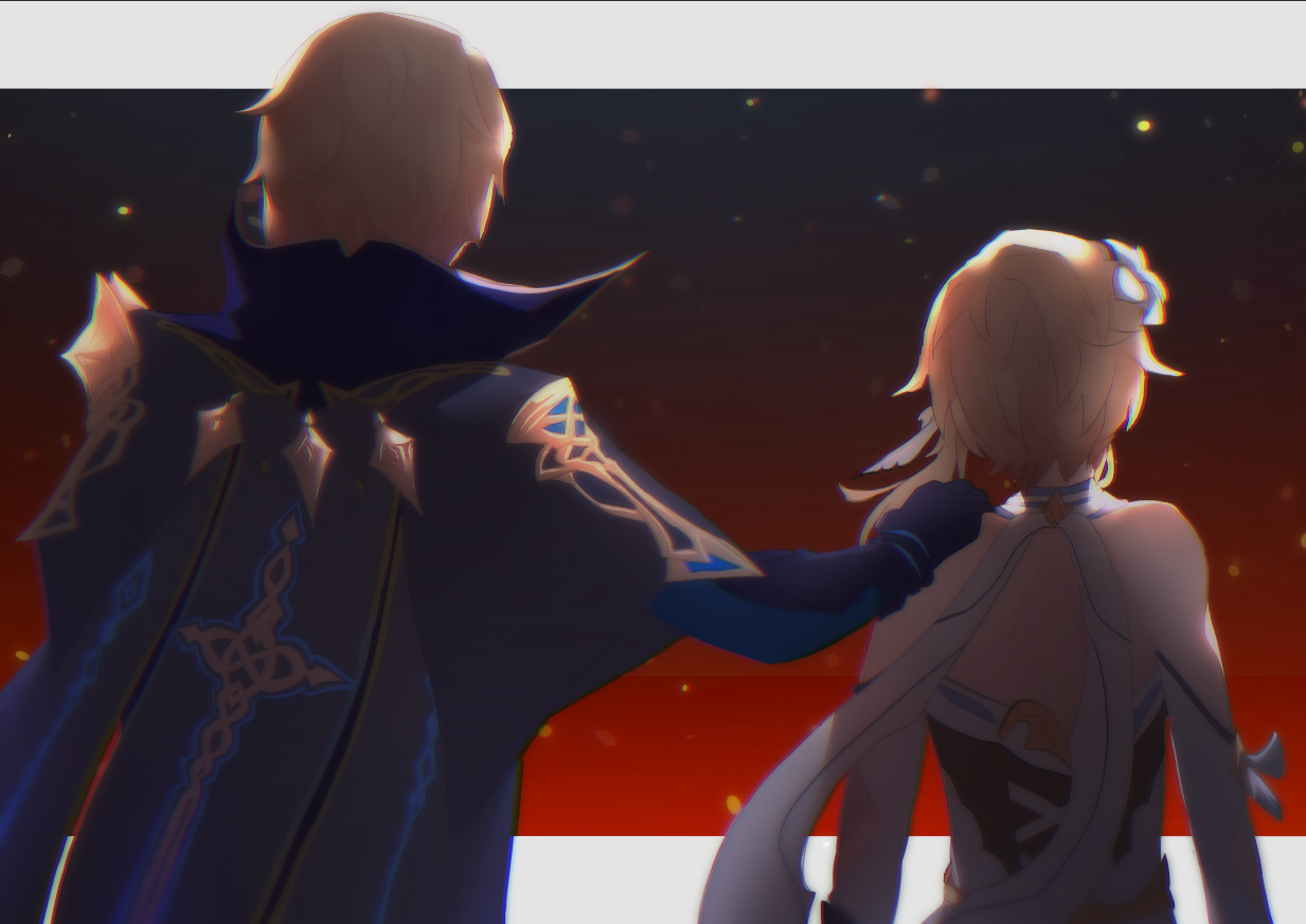 Dainseif reaches out to place his hand on Lumine's shoulder