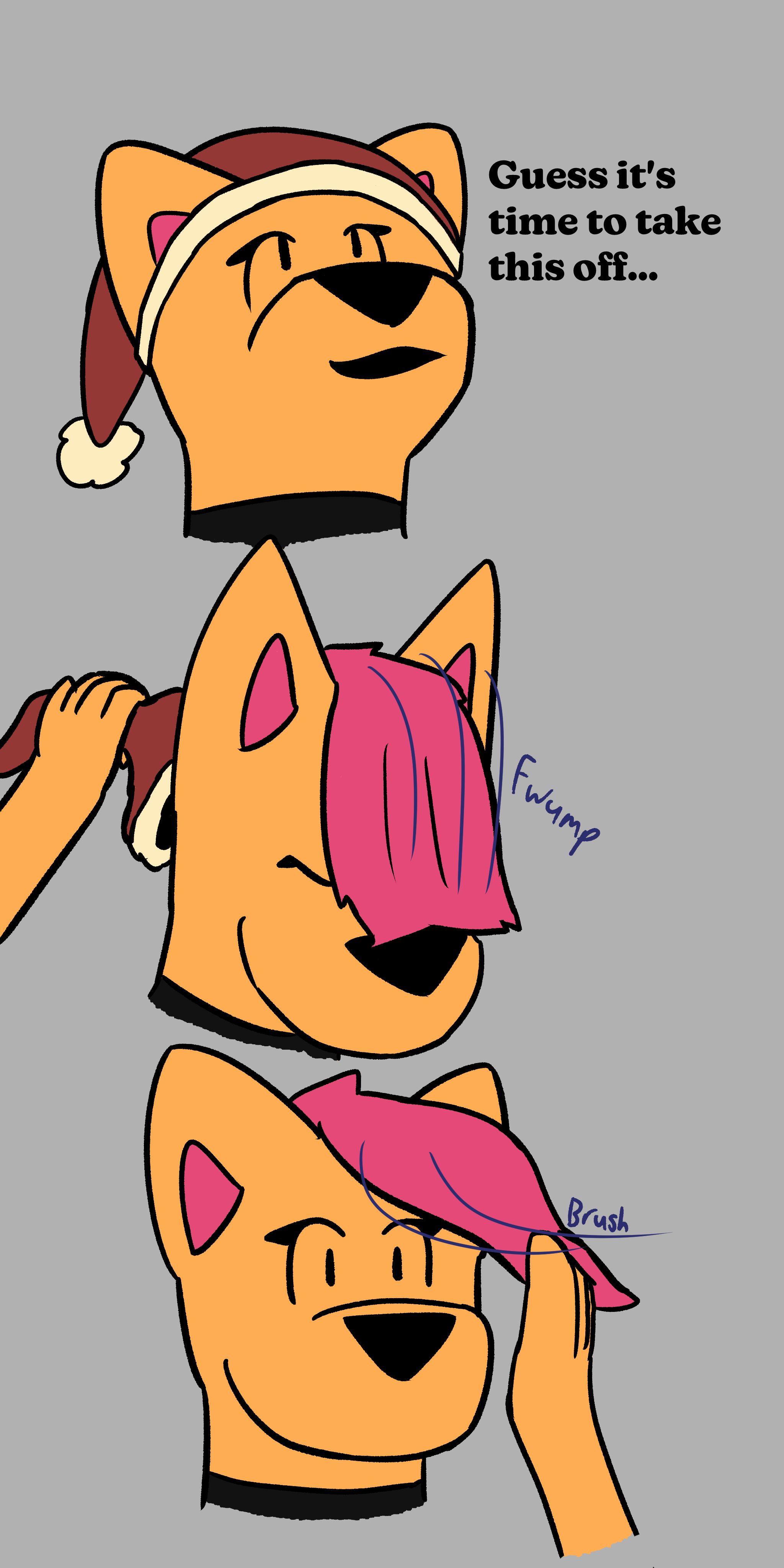 Comic showing Moxie (an orange cat) wearing a Santa hat. They say 'Guess it's time to take this off.' They remove the hat, causing a tuft of pink hair to fall in front of their face.