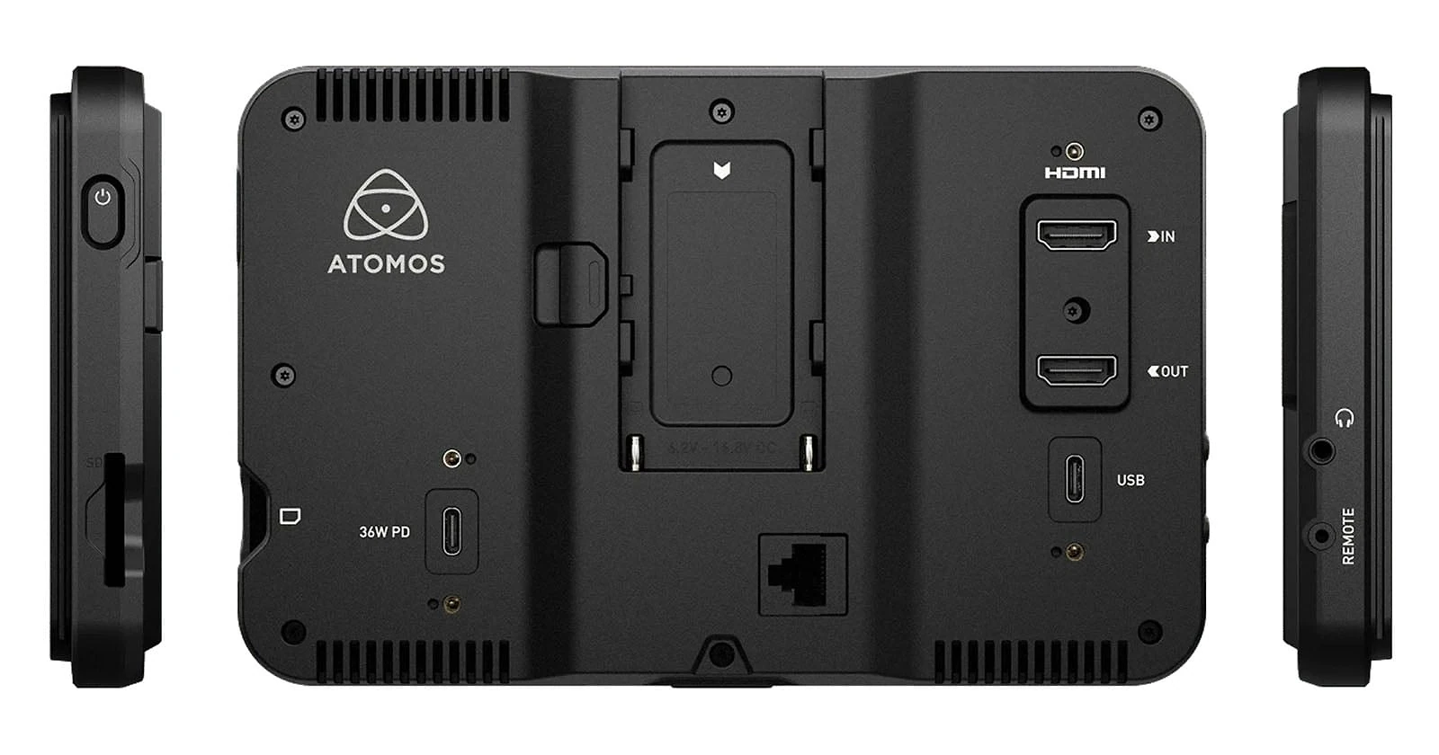 A studio monitor shown from three angles, displaying the rear panel with HDMI, USB, and power ports, a battery mount, and side ports for headphones and remote control.