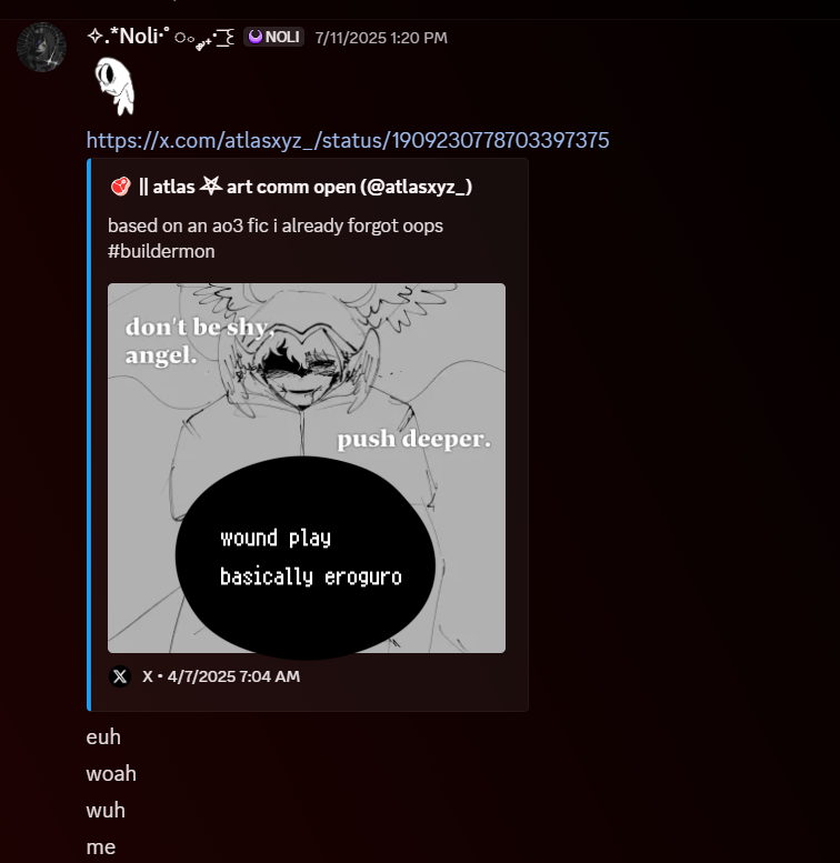 mel in her public nsfw thread sending a tweet of telamon and builderman eroguro nsfw, stuttering and stating that it was "her"