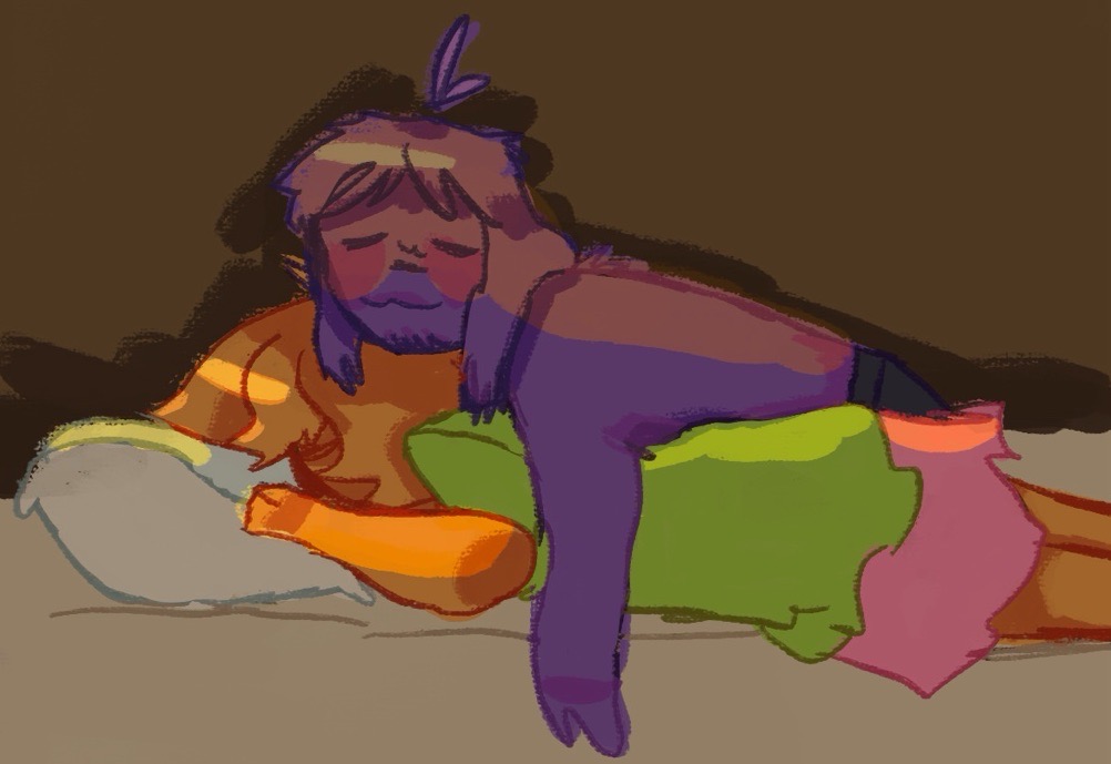 dave and jack from dayshift at freddy's laying together on a bed