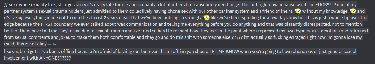 another one of my vents in a friend server about this situation, as i don't have the doc that i sent to them anymore