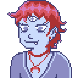 pixel art of a torso of purple girl with red short hair and little fangs