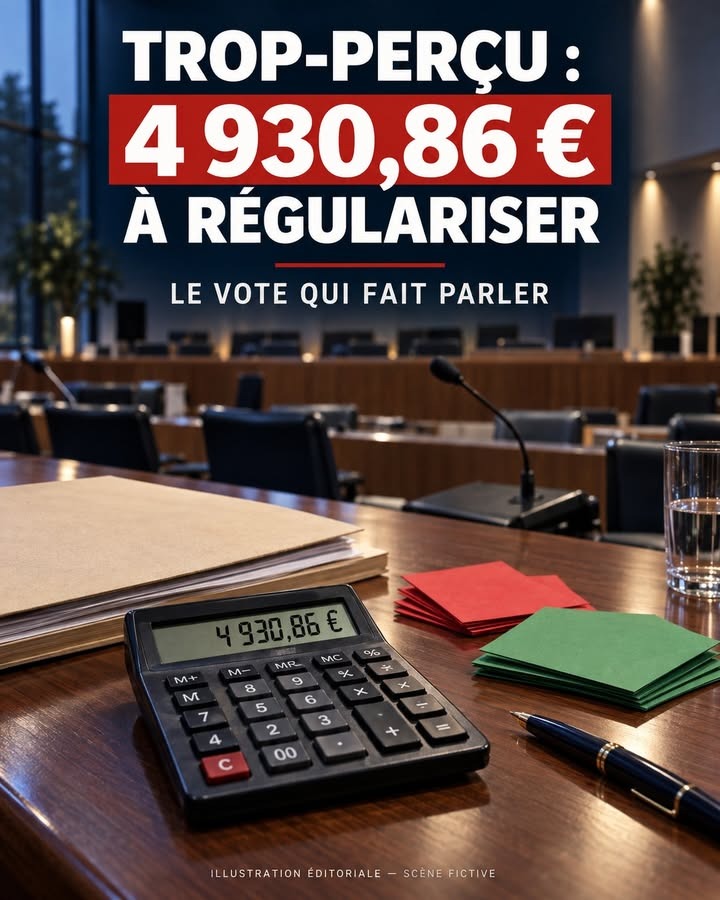 Calculatrice affichant un montant, papiers, stylo et verre d'eau sur une table de salle de réunion.