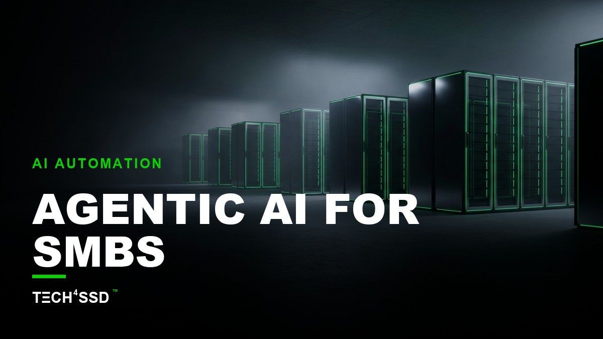 Stylized network of gears and circuits with glowing robotic figures performing tasks, representing Agentic AI for SMBs.