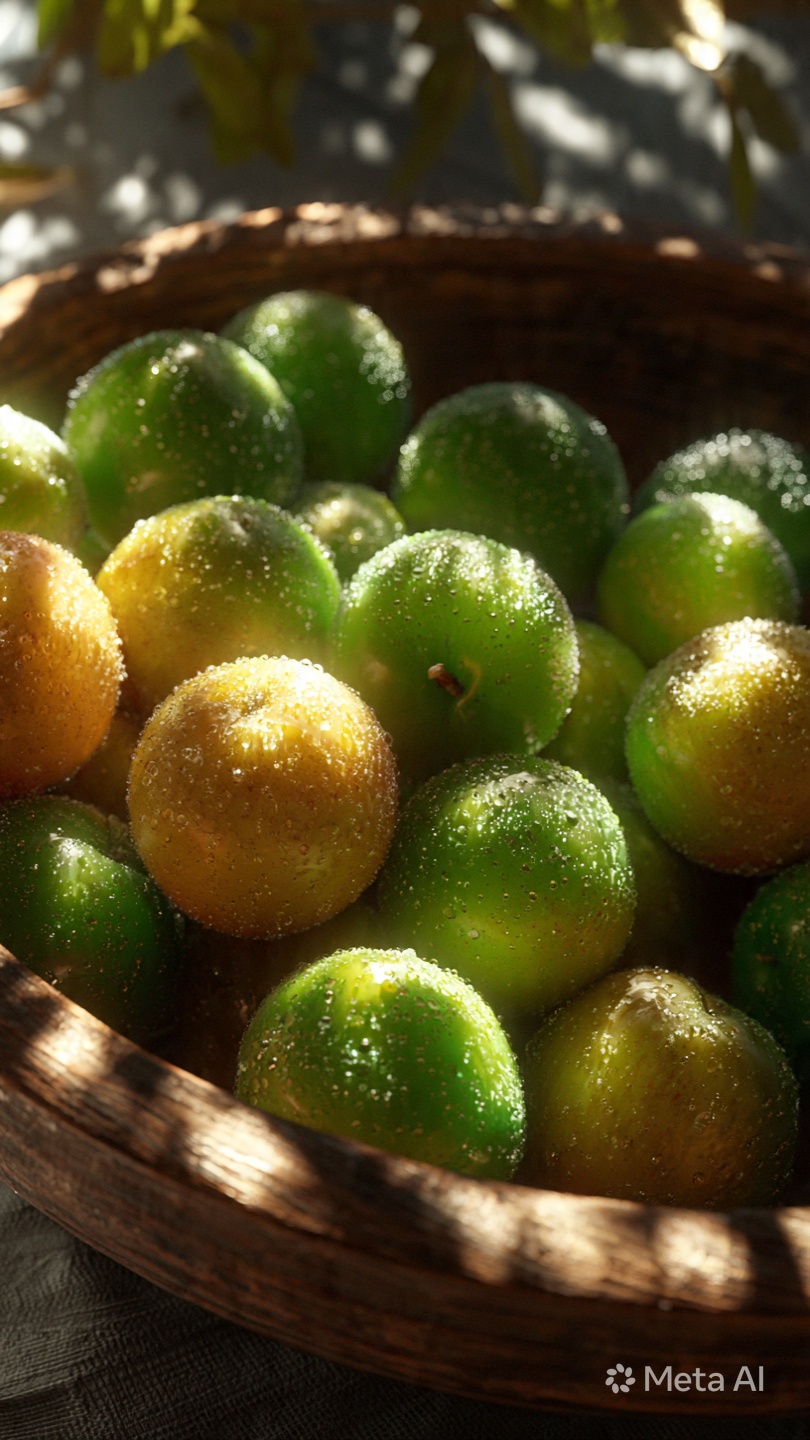 Fresh green maesil plums in season