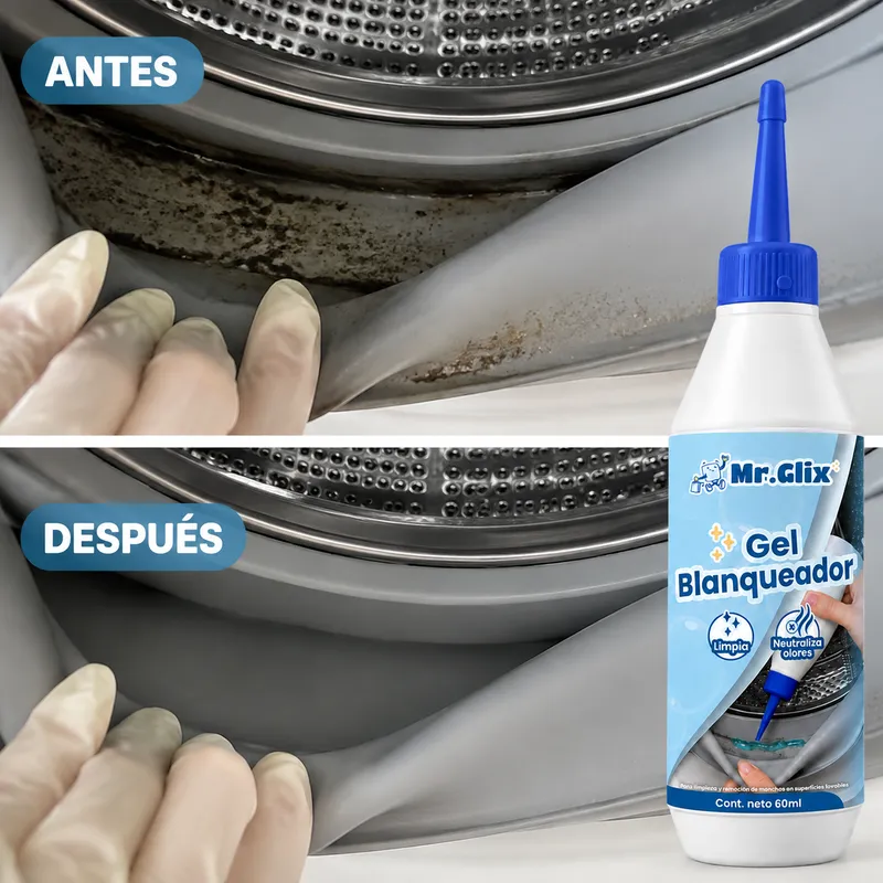 Antes y después - goma de lavarropas con MR.GLIX Gel Blanqueador