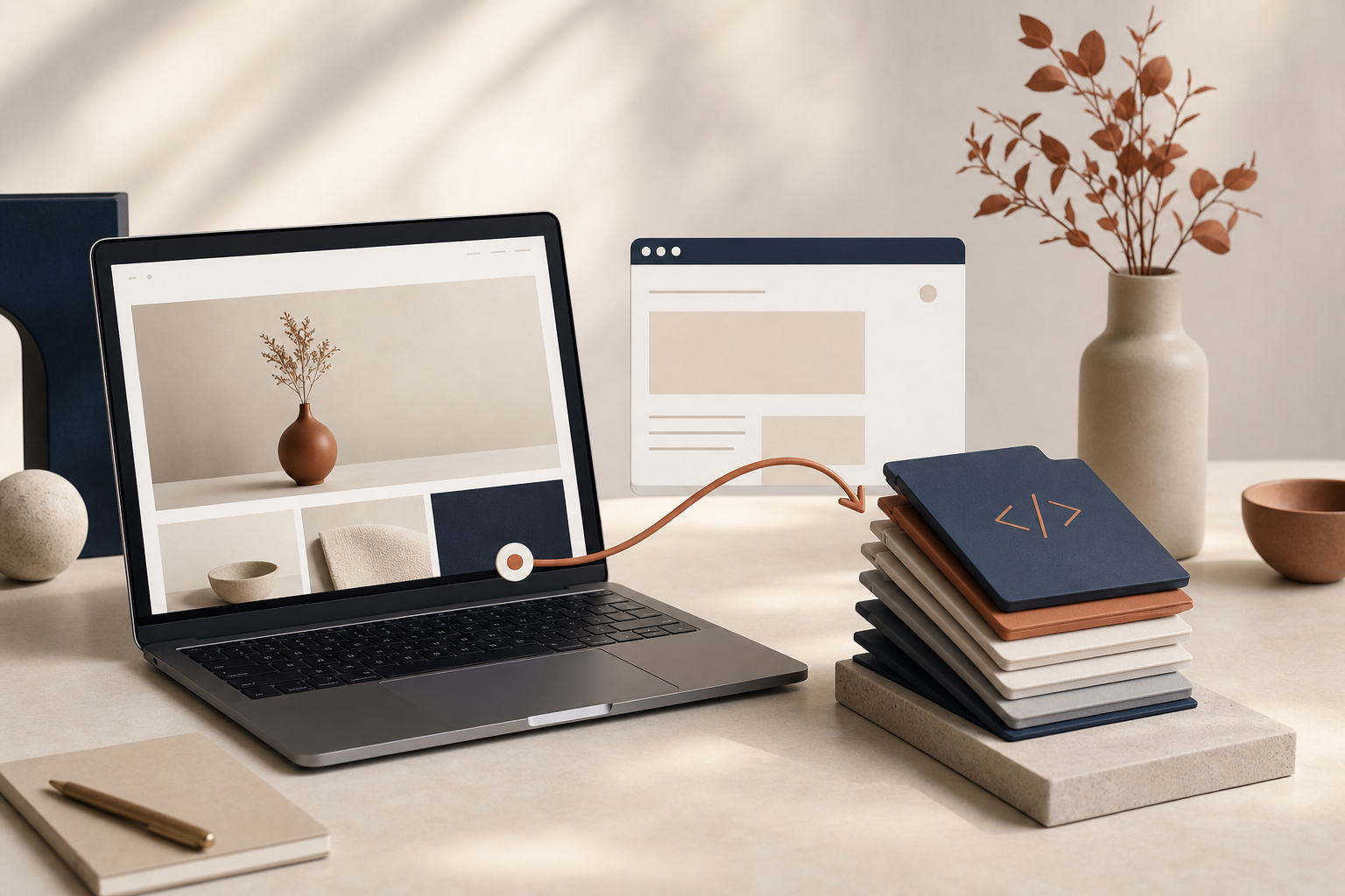 Editorial still life of a Squarespace export workflow