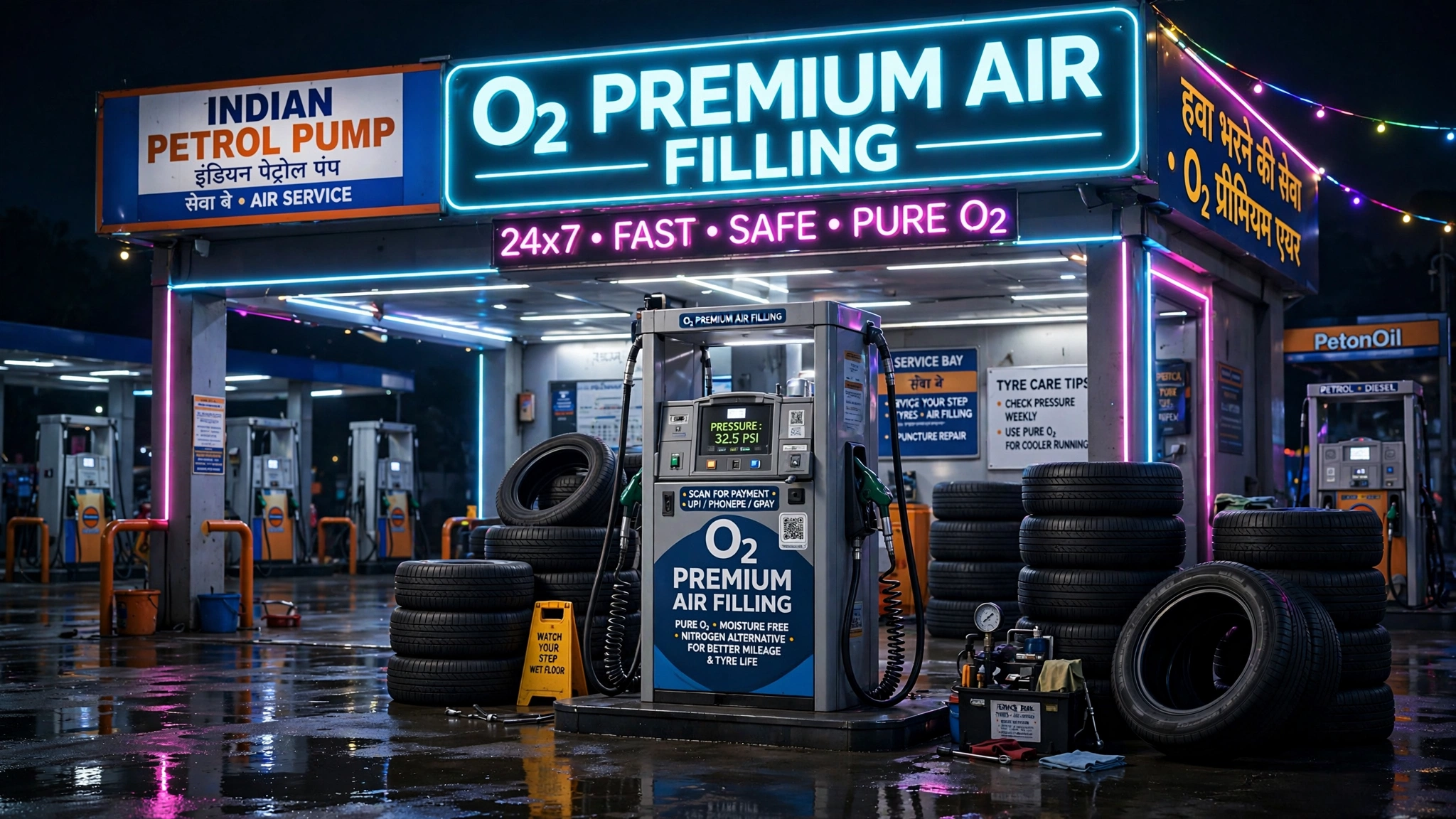 Night service bay at Tatya Petroleum Ahmedpur offering O2 air filling