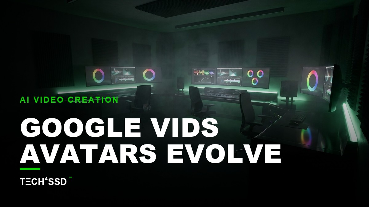 A diverse group of professional-looking Google Vids AI avatars, some interacting with digital objects or presentations, set against a backdrop of a modern, clean user interface with subtle Google Vids branding.