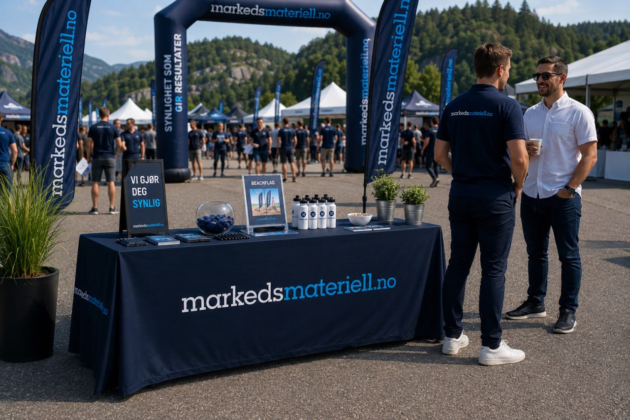 Markedsmateriell.no stand på utendørsarrangement med folk, messetelt, beachflagg og oppblåsbar bue