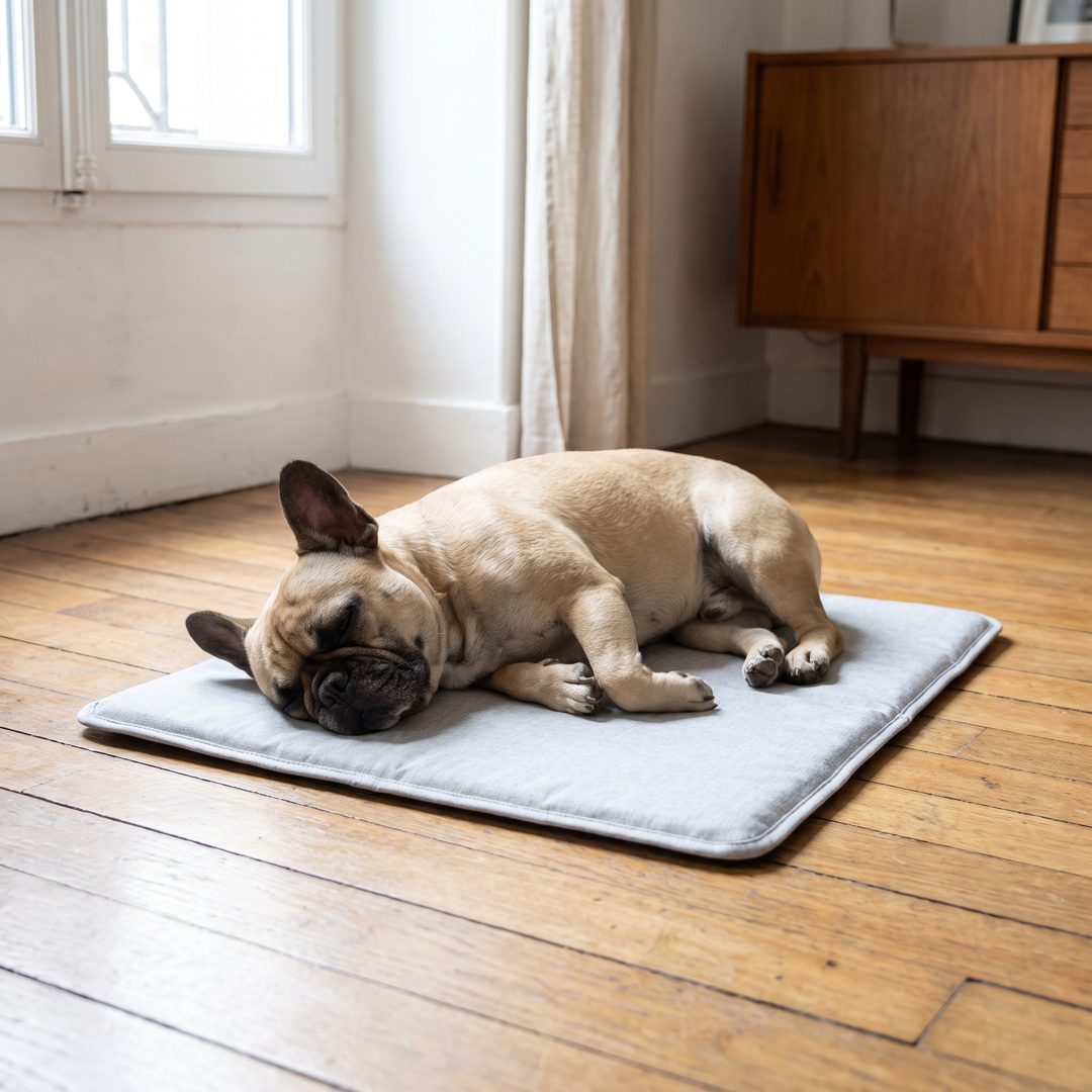 Bouledogue endormi et détendu sur un tapis rafraîchissant