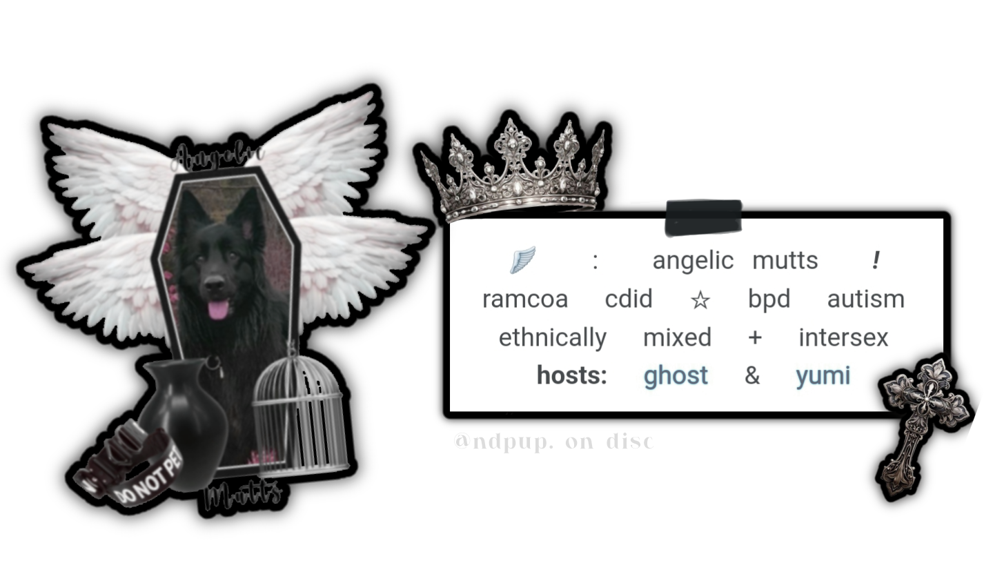 angelic mutts. ramcoa complex dissociative identity disorder. borderline personality disorder and autism. ethnically mixed and intersex. hosts are ghost and yumi. graphic by ndpup. on discord