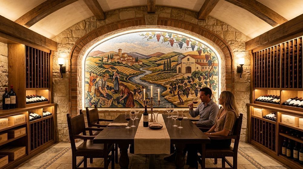Grand feature wall clad in hand-cut marble mosaic mural art with freehand andamento.