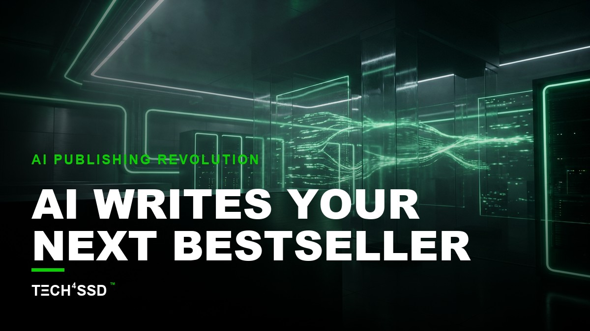 A stylized digital book cover in a futuristic AI lab with glowing lines and data, representing AI ebook generators.