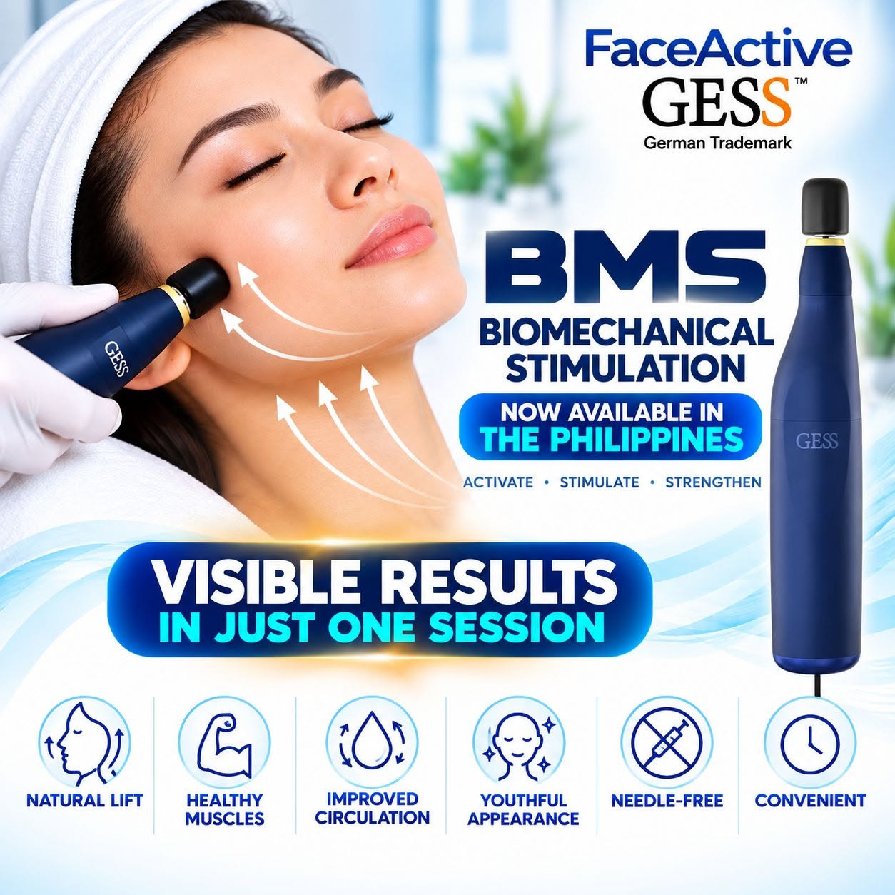 FaceActive GESS device being applied to the cheek during a facial treatment