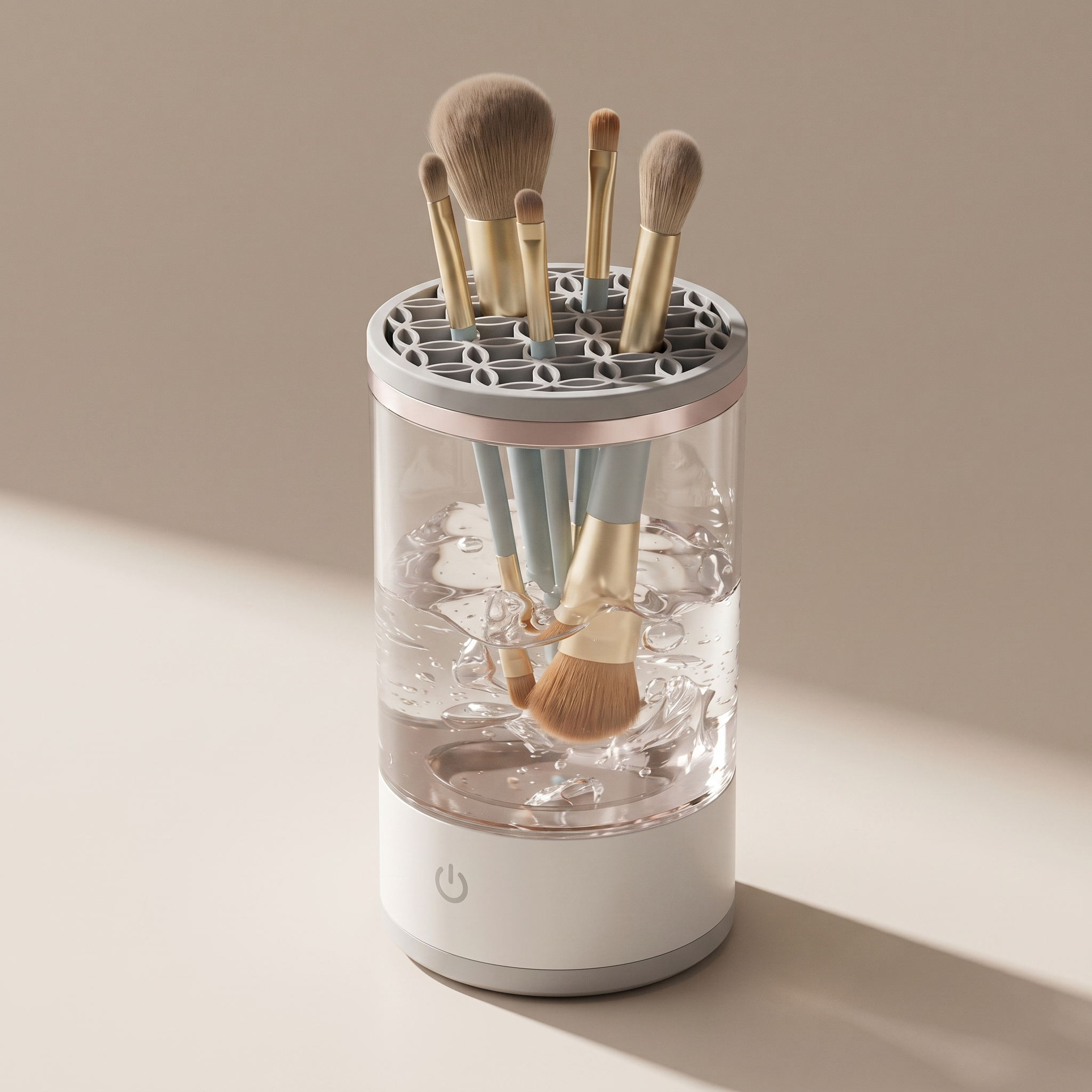 Makeup brushes loaded into the cleaner, mid-clean