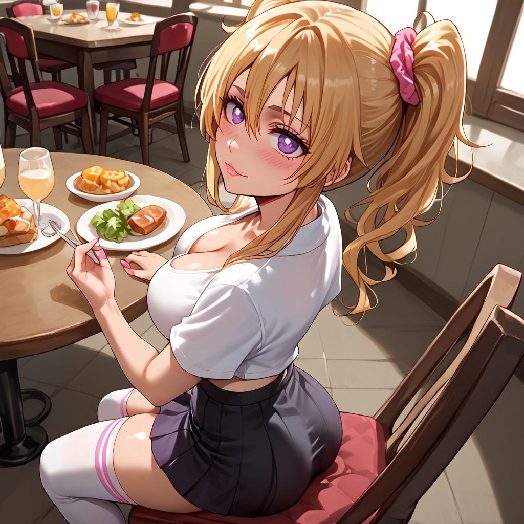 Miiko is dressed in a crop top, plaid skirt, thigh-high socks, and heels