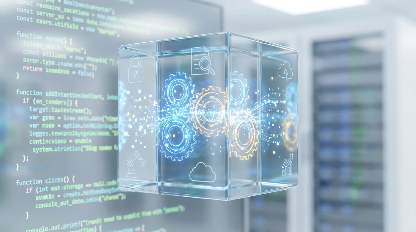Conceptual image of Microsoft ThinkingBox, a transparent cube showing data flow and digital gears, symbolizing AI agent evaluation and verification of state changes in a database background.