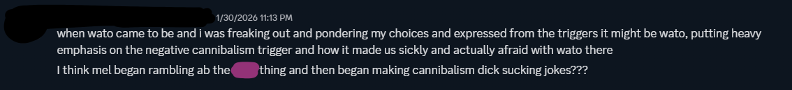 mel's mutual friend recalling a time when mel made cannibalism jokes when they had expressly stated that cannibalism was a negative trigger for his alter wato